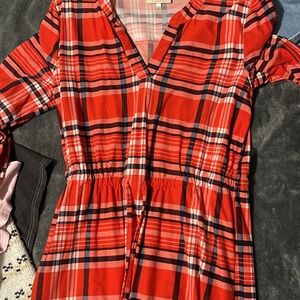 Red Plaid V-Neck Dress
